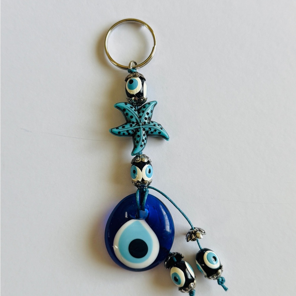 Blue Evil Eye Keychain with Starfish Charm